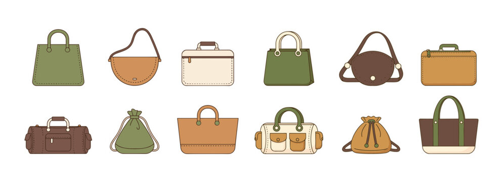Collection of Various Fashion Handbags and Purses in Flat Design Style Including Tote Bags Shoulder Bags Briefcases and Drawstring Pouches