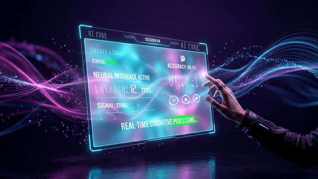 Woman interacting with futuristic AI holographic interface in neon cyber environment
