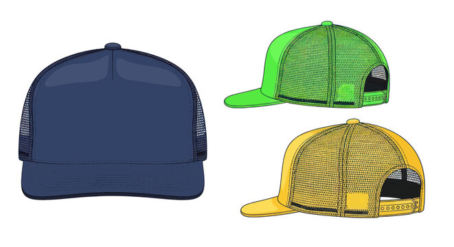 Trucker Hats: Blue Front View, Green and Yellow Side Views