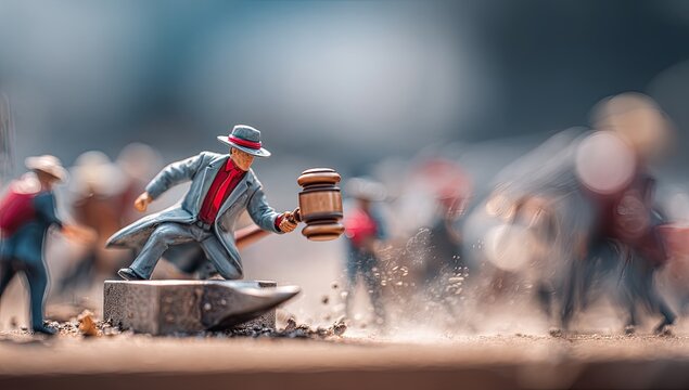 Tiny figures in formal wear forge a gavel on an anvil, action scene