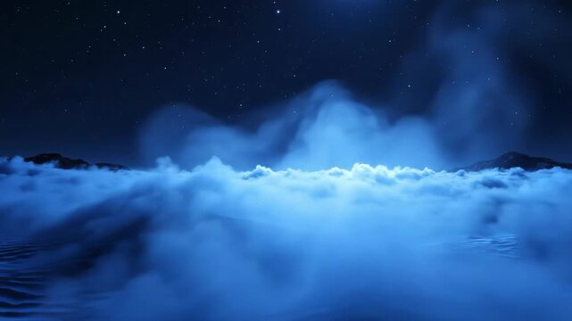 Expansive nocturnal cloudscape glowing in deep blue under a star-filled sky, low-lying rolling clouds like ocean waves with distant mountain silhouettes on the horizon