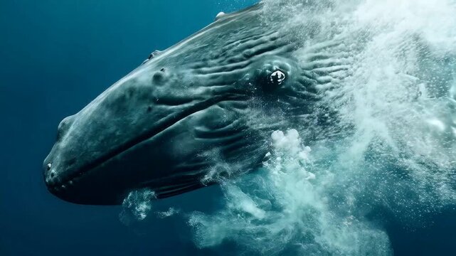 Majestic Humpback Whale Surfaces in Deep Blue Ocean Waters.
