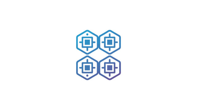 Abstract geometric logo design featuring four interconnected hexagonal shapes with blue to purple gradient