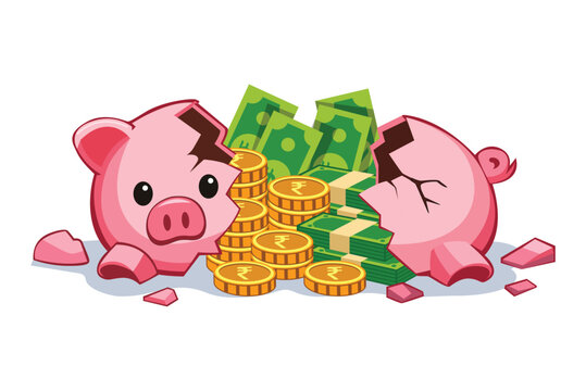 Two broken piggy banks with rupee coins and currency bundles representing savings and spending