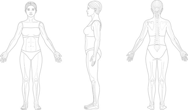 Female skeletal structure vector illustration views for anatomical study