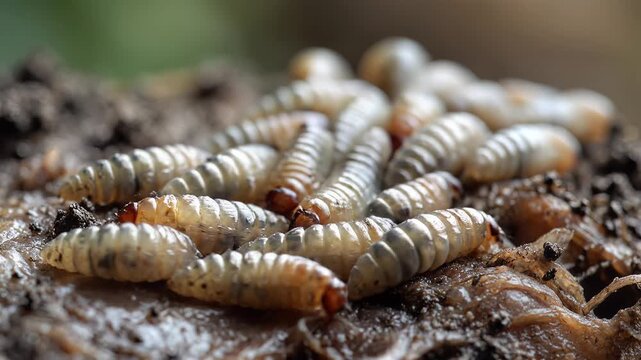 Closeup of a cluster of grub larvae on decaying wood macro photography.