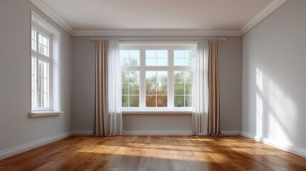 Fototapeta premium Bright and spacious empty room with large windows, wooden flooring and natural light, perfect for interior design or home staging ideas and inspiration