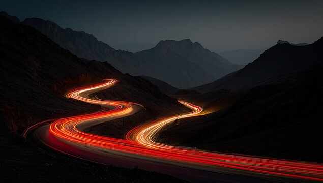 Winding mountain road with glowing light trails at dusk