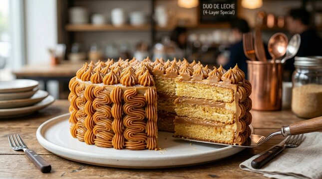 Gourmet layer cake filled and decorated with creamy dulce de leche caramel.