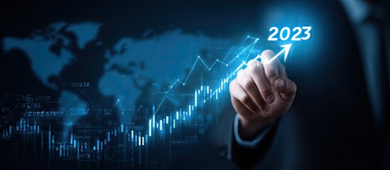 Obraz premium Blue glowing upward trend line with the year 2023