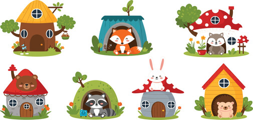 Fototapeta premium Cute Woodland Animal Houses Set Featuring Fox, Bear, Raccoon, Rabbit Living in Cozy Fantasy Forest Homes for Kids Illustration and Cartoon Nature Design