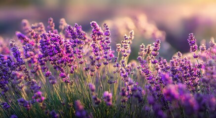 Fototapeta premium Soft focus lavender field at sunrise with warm sunlight filtering through
