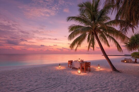 Romantic beachfront dining set up with palm tree and lanterns
