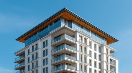 Obraz premium Modern residential building with unique architectural design and sleek glass facade against a clear blue sky showcasing contemporary urban living