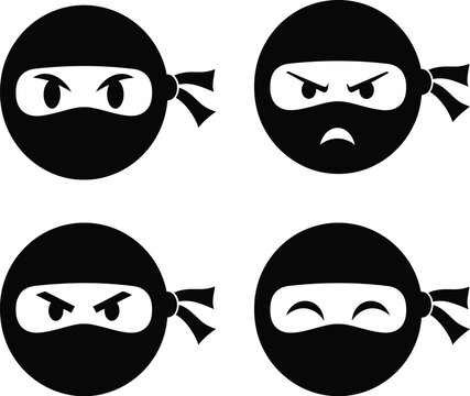 Set of vector ninja face illustrations with various emotional expressions