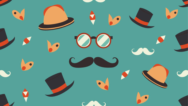A pattern of hats and mustaches and glasses