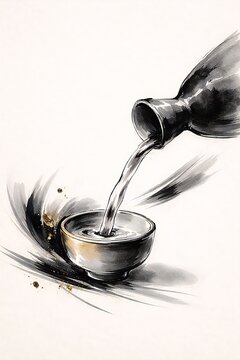 徳利から盃へ注ぐ日本酒の水墨画風イラスト