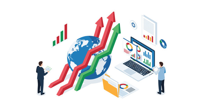 Corporate growth concept with analysts examining rising charts on a laptop and globe for international business success.