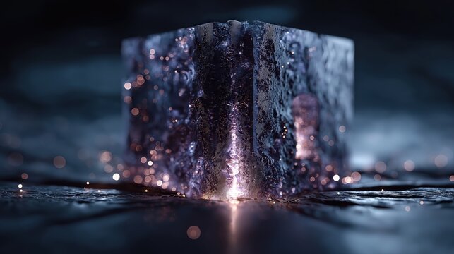 A glowing, textured cube emits light, surrounded by sparkles and mist, set on a dark, reflective surface in a mysterious, futuristic atmosphere.