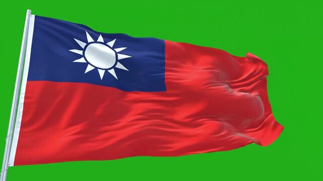 Taiwan National Flag Waving on Chroma Key Green Screen