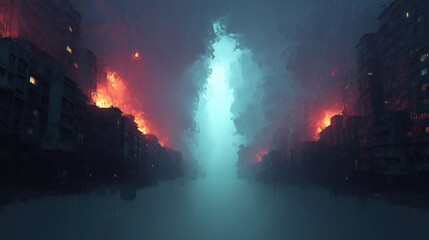 Obraz premium A dramatic urban scene showing buildings engulfed in fire on both sides with a misty, glowing blue light illuminating the center, creating an intense atmosphere.