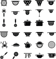 Collection of kitchen strainers, colanders, pots, and cooking utensils icons, food preparation, soup ladle © Al