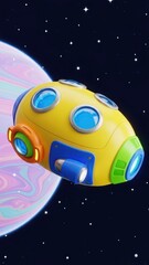 Naklejka premium Cartoon spaceship in deep space with planet and stars
