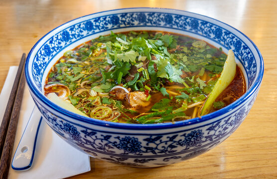 A close up of a big bowl of Lanzhou beef noodles