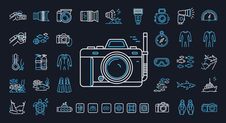Underwater Photography Icons Collage: Camera, Scuba Gear, Marine Life, Equipment © punduh