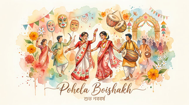 Festive Watercolor Illustration of Pohela Boishakh Celebration with Traditional Dance and Music