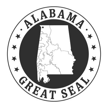Black and white graphic of the state of alabama with surrounding text