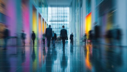 Fototapeta premium Blurred figures walk through a brightly lit, modern interior with colorful accents