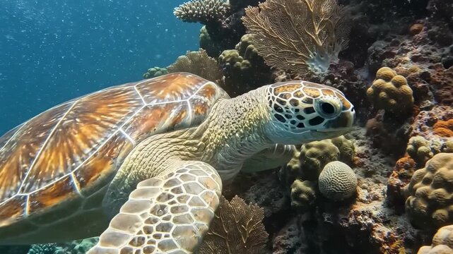 Sea turtle cruising beside reef corals and sea fans in bright tropical water, detailed shell and flipper patterns framed by marine habitat, bubbles and sunlight in a vivid underwater scene