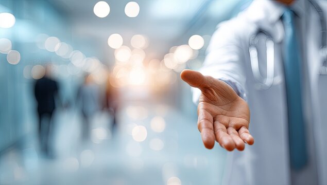 Doctor extending open hand, offering help and welcome in medical hallway