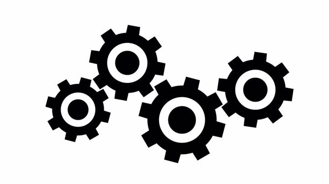Four black interlocking gears revolve against a white backdrop to symbolize teamwork, collaboration, mechanisms, industry, engineering, innovation.