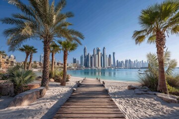 Obraz premium Sunny beach with palm trees and city skyline across water