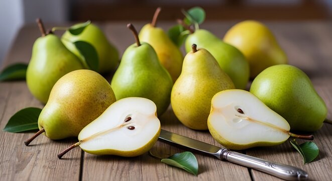 Fresh pears arranged on wooden surface with knife and green leaves