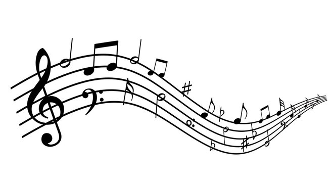 wavy musical notes on staff, black and white