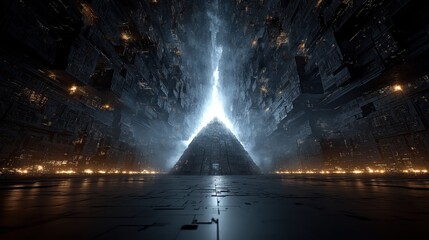 Obraz premium A glowing pyramid stands illuminated in a dark, futuristic, and intricate sci-fi environment with mysterious light beams and metallic textures.