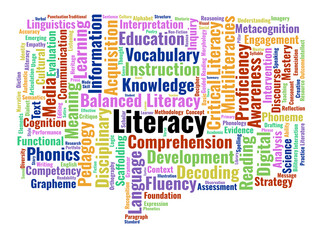 Fototapeta premium Literacy Word Cloud. A comprehensive collection of concepts related to reading science, critical literacy, digital competencies, and foundational language instruction in education.