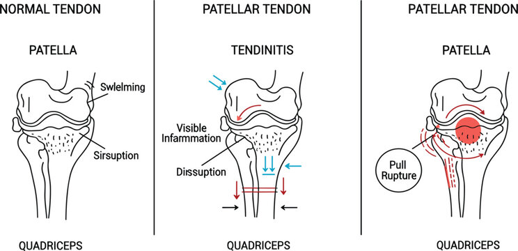 Patellar Tendon Injury Diagram with Normal, Tendinitis and Rupture Conditions, Medical Illustration for Orthopedics, Sports Injuries, and Anatomy Education