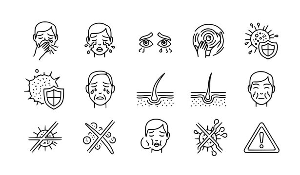Allergy symptoms linear icons set vector illustration
