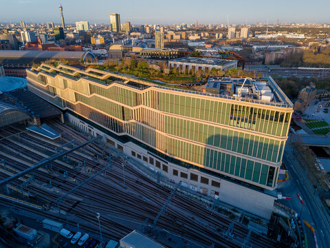 London. UK- March 29. 2026. An aerial view of the massive Google headquarter building next to King's Cross railway station.