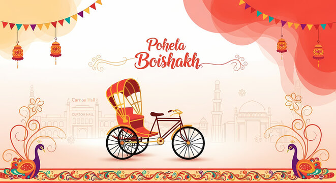 Vibrant Pohela Boishakh Greeting Background with Traditional Rickshaw and Peacock Motifs