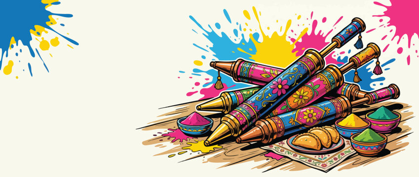Holi Celebration with Decorated Pichkari Water Guns and Colorful Powder Splashes