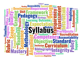 Fototapeta premium Syllabus Word Cloud. A Comprehensive Visual Summary Of Course Planning, Learning Objectives, And Academic Policies Required For Effective Educational Governance And Instruction.
