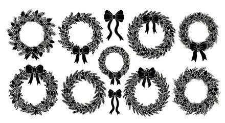 Set of christmas wreaths and bows silhouettes festive holiday decorations collection traditional winter seasonal decor elements isolated on white background vector graphics © Dipan