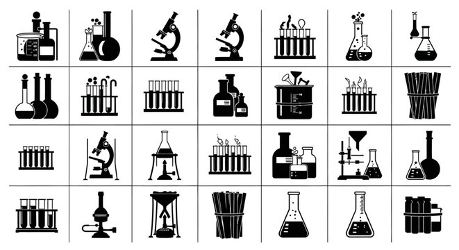 Collection of black and white icons representing scientific laboratory equipment including beakers flasks test tubes microscopes and bunsen burners isolated on a white background