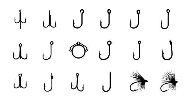 Collection of various fishing hooks and lures in silhouette showcasing different sizes shapes and styles for angling presented on a clean white background with sharp clear lines