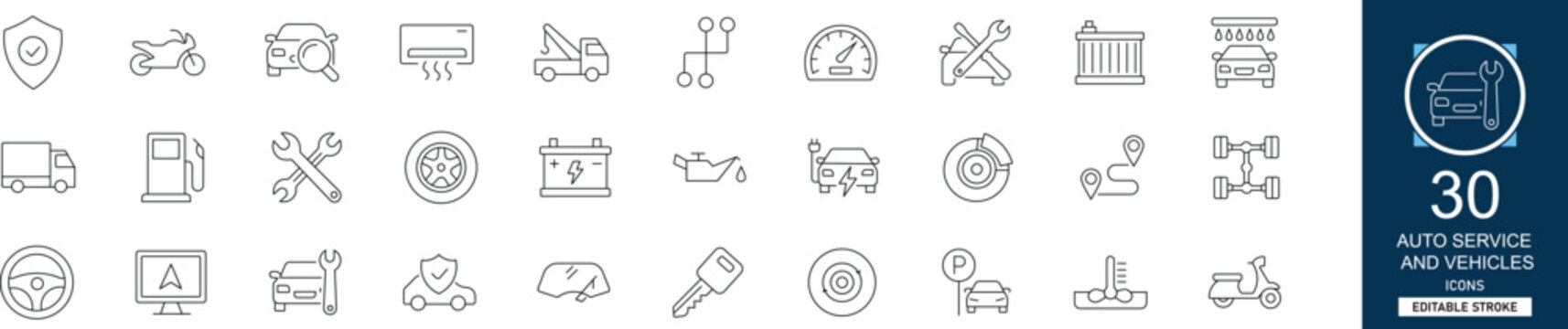 Auto service and vehicles line icon set with 30 icons: car repair, automotive, maintenance, engine, garage, transport, vehicle, mechanic. Clean linear vector, editable stroke for web projects.